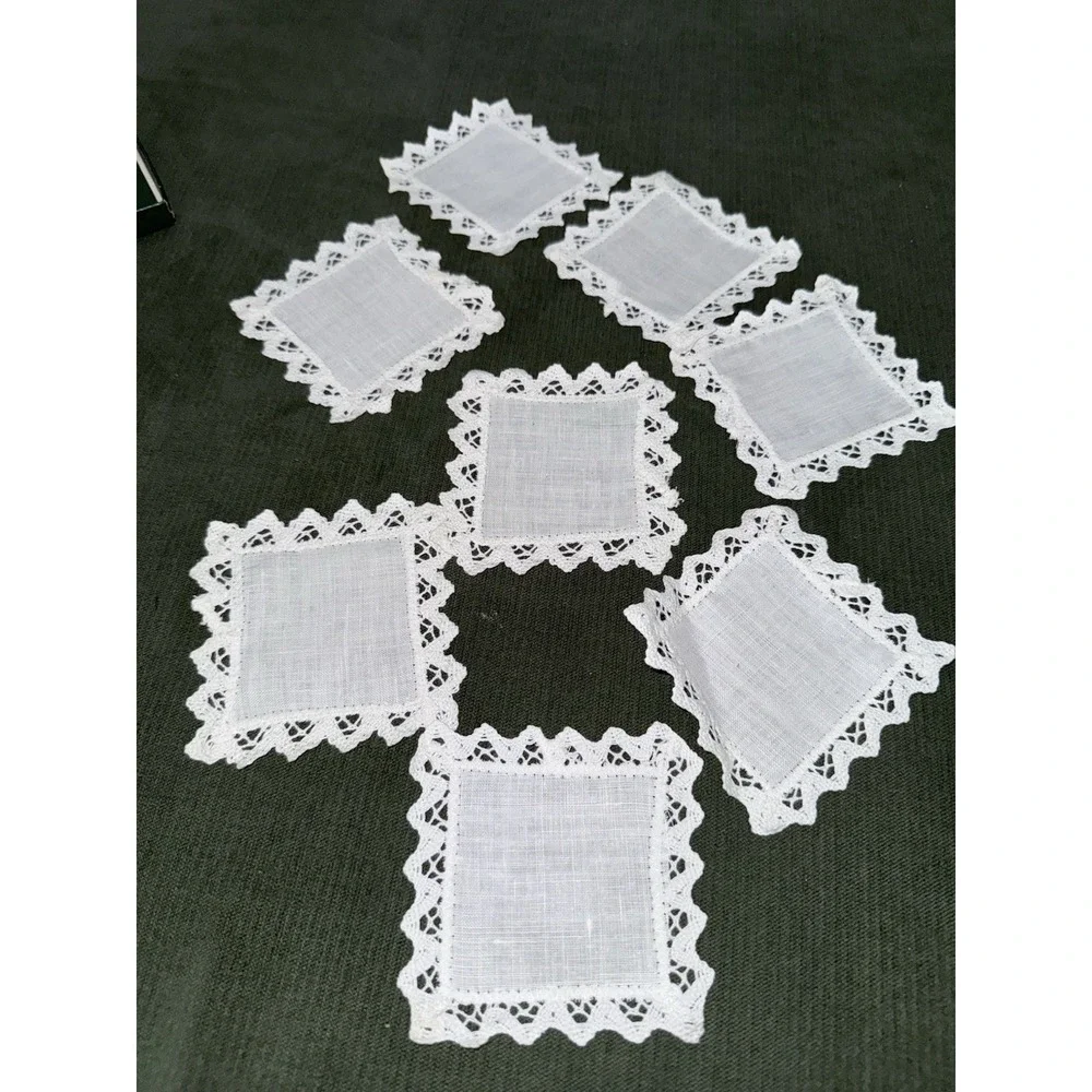 set of 8 pure Irish linen coasters,white w/lace‎ edge